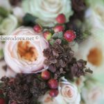 Кремовый свадебный букет из пионовидных роз с красными ягодами и коричневым щавелем.