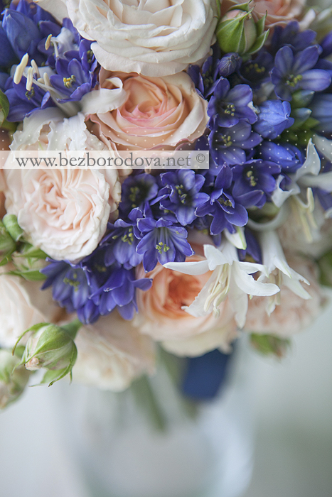 Персиковый свадебный букет из пионовидных роз с кремовыми кустовыми розами и синими агапантусами