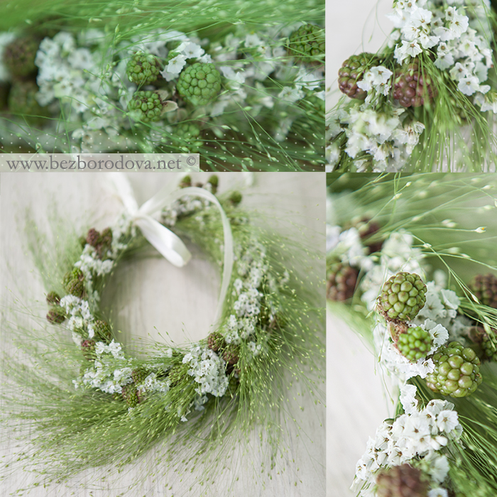 Зеленый белый венок из ягод и трав для летней свадьбы