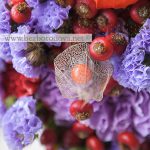 Осенний букет с физалисом, сиреневой гвоздикой и ягодами шиповника