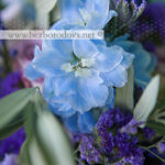 Синий свадебный букет в стиле прованс из агапантуса с голубым дельфиниумом и сиреневыми розами и зеленью оливки