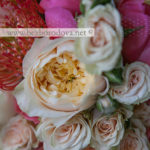 Кремовый свадебный букет из пионовидных роз, кустовой розы, коралловых пионов с красным леукоспермумом